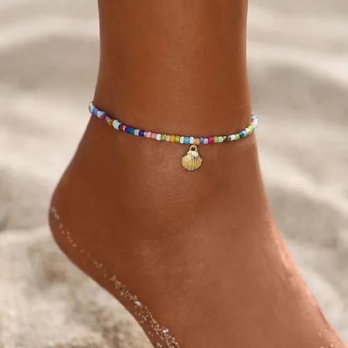 Vista 5 de Shegirl Tobillera bohemia con cuentas doradas, cadena de tobillo con cuentas coloridas para el pie, para mujeres y niñas, aleación