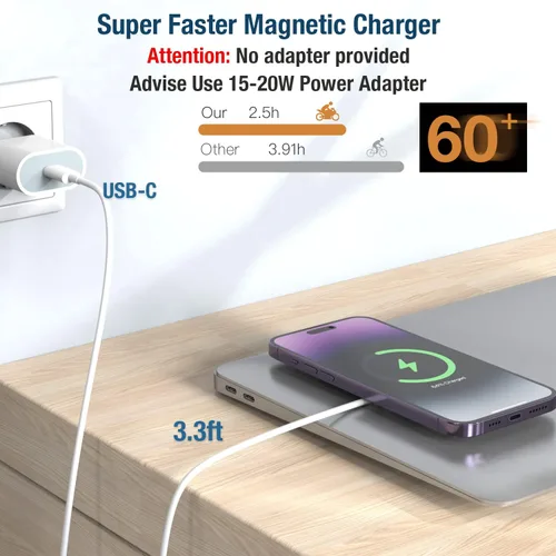 Vista 2 de Cargador inalámbrico magnético para iPhone, almohadilla de carga MagSafe USB C de 15 W, cable de carga magnética rápida tipo C de 3.3 pies