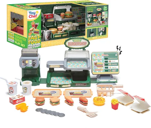 Vista 2 de Juego de hamburguesas con menú de juguete, juego de cocina para niños, soporte retro para comedor para niños, juego de cocina para niños pequeños