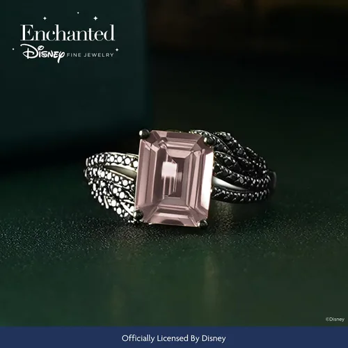 Vista 5 de Jewelili Enchanted Disney Fine Jewelry - Anillo de plata de ley con rodio negro sobre plata de ley de 0.354 x 0.276 in, morganita octágono y 13