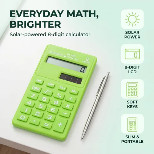 Vista 6 de Calculadoras estándar básicas verdes, mini calculadora digital de escritorio con pantalla LCD de 8 dígitos, calculadora inteligente de energía solar