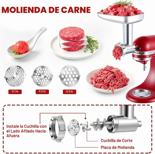 Vista 4 de FavorKit Accesorio para molinillo de alimentos de acero inoxidable para mezcladores KitchenAid, procesador de carne apto para lavavajillas, incluye