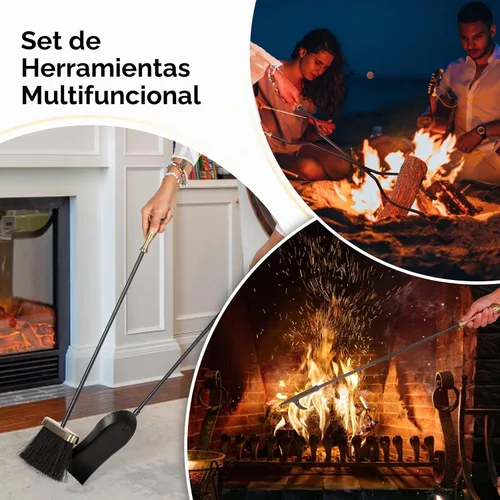 Vista 7 de [Usado] nalone Juego de 5 herramientas para chimenea, asas de latón, accesorios de chimenea de hierro forjado con póquer, pinzas, pala, cepillo