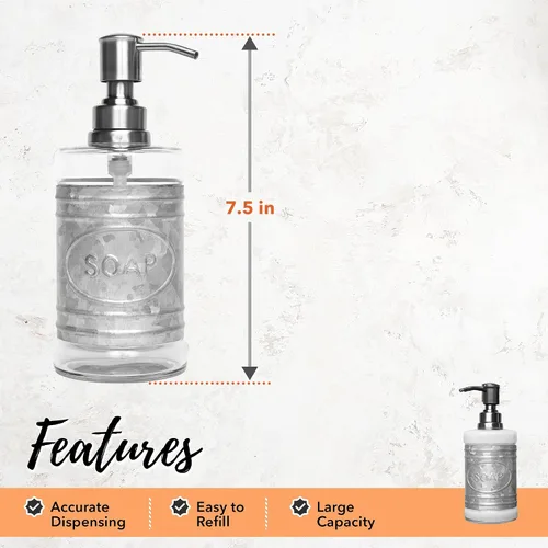 Vista 6 de Autumn Alley Dispensador de jabón de vidrio y galvanizado para lavado de manos, desinfectante, loción – 16 oz. Dispensador de jabón rústico