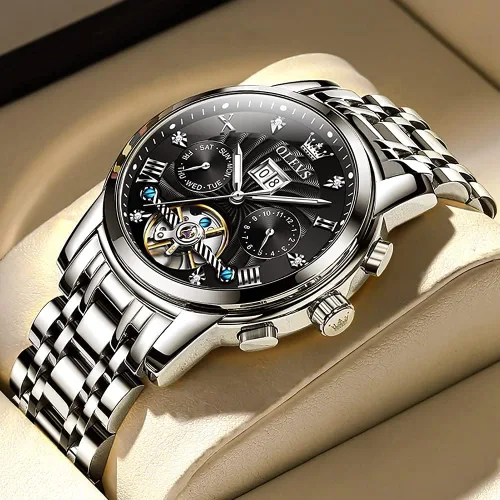 Vista 3 de OLEVS Relojes para hombre Reloj automático esqueleto plateado acero inoxidable mecánico Tourbillon automático diamante esfera negra impermeable lujo