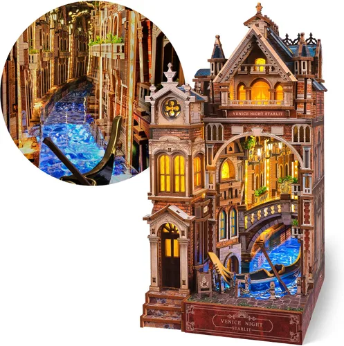 Vista 8 de FUNPOLA Kit de rincón de lectura del tren Sakura – Rompecabezas de madera 3D con LED y espejo infinito – Decoración de estantería DIY, manualidad