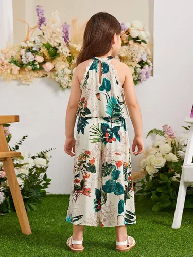 Vista 2 de Verdusa Conjunto de 2 piezas para niña pequeña, con estampado tropical, top halter y pantalones