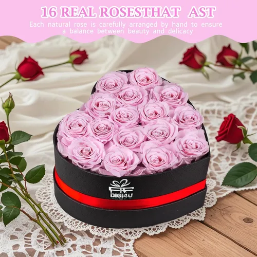 Vista 5 de Caja extra grande con forma de corazón de 16 rosas preservadas para siempre, con collar, regalos para el día de San Valentín para ella, novia