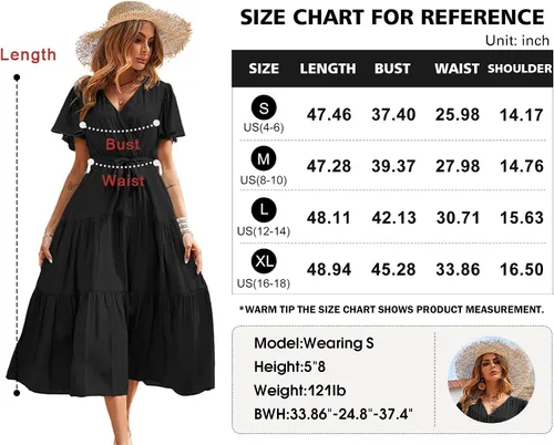 Vista 6 de PRETTYGARDEN Vestidos de verano para mujer 2023, cuello en V, manga corta, bohemio, vestido midi con lazo en la cintura, vestidos de playa