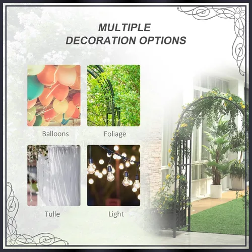 Vista 3 de Outsunny Cenador de arco de jardín de acero de 6.7 pies con corazones enrollados, jardineras para enredaderas, ceremonias, bodas, fiestas, patio