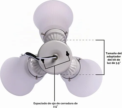 Vista 2 de Kit de luces LED para ventilador de techo con tres luces, acabado blanco con vidrio acanalado esmerilado