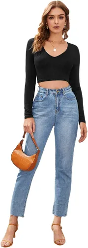 Vista 6 de Verdusa Camiseta corta ajustada de manga larga con cuello en V para mujer
