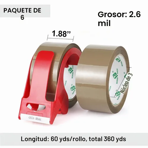 Vista 2 de BOMEI PACK Cinta de embalaje marrón con dispensador, 2.6 mil 1.88 pulgadas x 60 yardas, 6 rollos de repuesto de cinta móvil para embalaje, envío