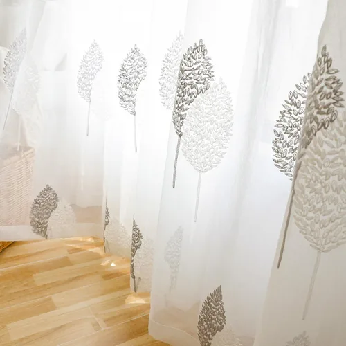 Vista 4 de Cortinas traslúcidas blancas de 63 pulgadas de largo, paneles de gasa bordada con hojas para cocina, sala de estar, dormitorio, ventanas pequeñas