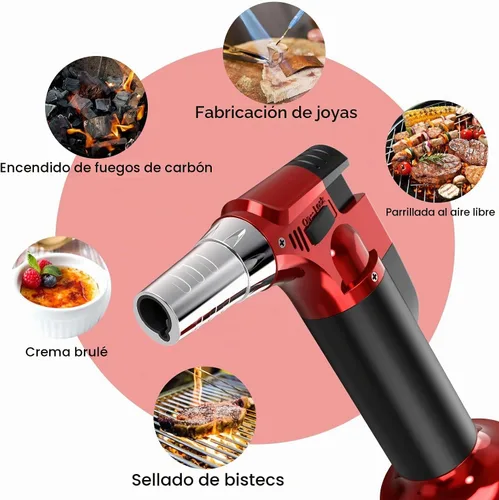 Vista 8 de Paquete de 2 linternas, soplete de butano recargable, soplete de cocina para cocinar con bloqueo de seguridad y llama ajustable para barbacoa, crema
