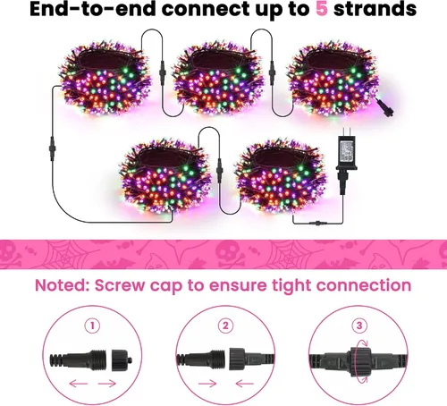 Vista 7 de Luces de Halloween - Tira de luces naranjas, verdes y moradas con 8 modos, guirnalda resistente al agua de 82 pies con 200 luces LED para decoración