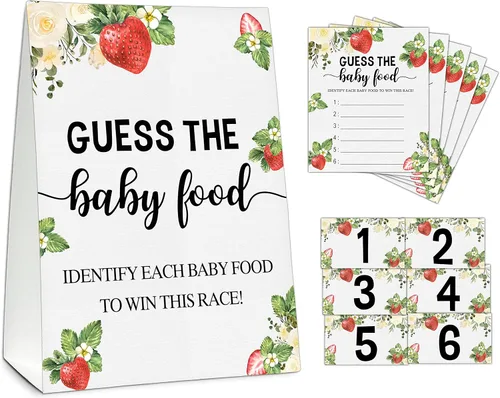 Vista 14 de Guess the Baby Food Party Games, juego de baby shower, 1 letrero de pie + 25 tarjetas de respuesta + 6 tarjetas de números, suministros
