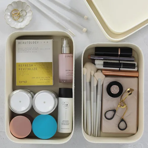 Vista 9 de Cajas de almacenamiento decorativas con tapas: juego de 2 hermosos cubos organizadores de cartón acanalado para la decoración de estanterías de tu