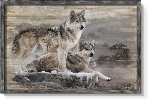 Vista 12 de Arte de Pared Enmarcado de Lobo: Pintura Moderna de Animales Salvajes de Madera Rústica Natural Imagen de Vida Silvestre Obra de Arte de Lobo Gris