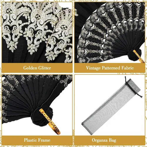 Vista 3 de Geelin - 50 piezas de abanicos de encaje plegables de mano para mujeres con bolsa de organza, abanicos europeos retro de encaje plegados para novia