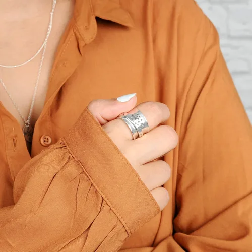 Vista 6 de Boho-Magic Anillo giratorio de plata de ley 925 para mujer, diseño de flor de diente de león para aliviar la ansiedad, banda ancha, Metal,