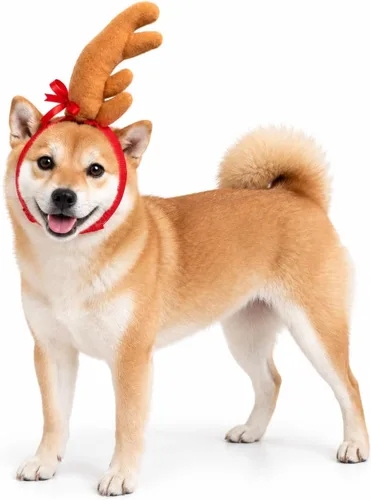 Vista 2 de ComfyCamper - Disfraz de reno con astas para perro de Halloween - Diadema cosplay de Navidad, talla pequeña, mediana, grande, extragrande para Marrón