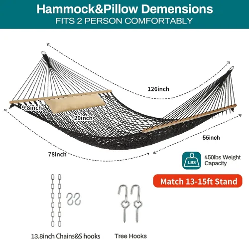 Vista 3 de JoyView Hamaca doble de cuerda tradicional, hamaca de algodón tejida a mano con barra separadora de madera dura y almohada, capacidad de 450 libras