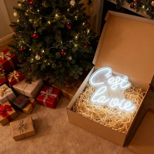 Vista 4 de C'est la vie Letrero de neón LED – Luz de neón blanca con texto en inglés «That's Life», alimentada por USB, decoración de mesa de pared