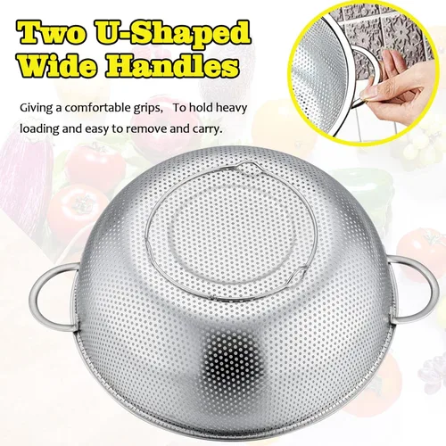 Vista 6 de P&P CHEF Colador de acero inoxidable, colador de alimentos microperforado con asa para lavar y drenar, ideal para pasta, frutas, verduras, apto