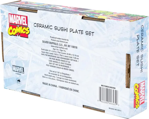 Vista 8 de Silver Buffalo Marvel Avengers Juego de vajilla con diseño de Hulk, Iron Man, Capitán América, Thor, Black Panther y Spiderman, incluye plato