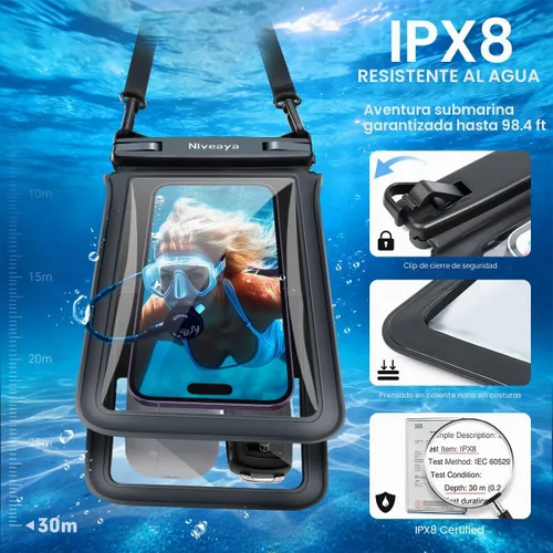 Vista 2 de Niveaya Bolsa impermeable para teléfono con doble espacio - 2 unidades, funda impermeable con cordón para iPhone 16/15/14/13/12 Pro Max hasta 8.3