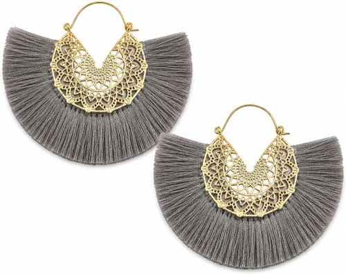 Vista 24 de Aretes de aro con borla, aretes colgantes de hilo de declaración, elegantes aretes largos con flecos, ligeros, largos y con gancho francés, para un