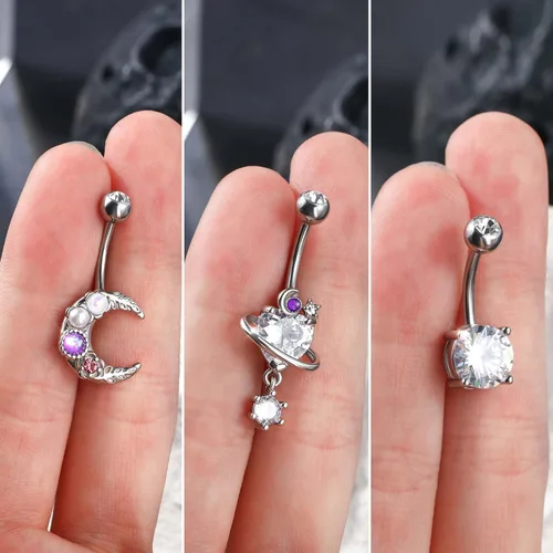 Vista 4 de CM Crareesi Mania Paquete de anillos para el ombligo de 14 G, 3 piezas de piercings brillantes para el ombligo para mujer, de acero quirúrgico 316L
