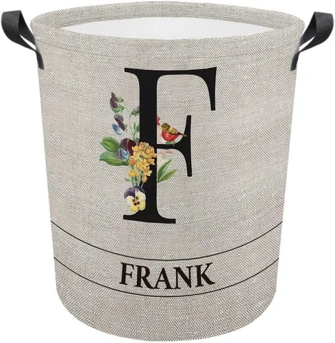 Vista 22 de Cesta de lavandería con inicial floral personalizada, monograma, nombre personalizado, flores y pájaros, cesta de ropa plegable de tela, caja