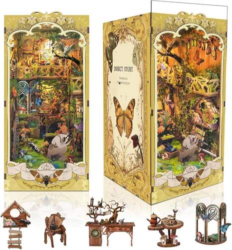Vista 8 de Kit de bricolaje para rincón de libros, inserto de estantería para casa de muñecas, rompecabezas de madera 3D con cubierta antipolvo LED, kit