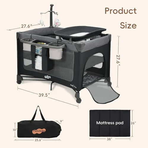 Vista 13 de Pamo Babe Pack and Play con moisés Magic Fold Playard 1 Step Set Plegable Corralito para bebé con cambiador portátil corralito gris