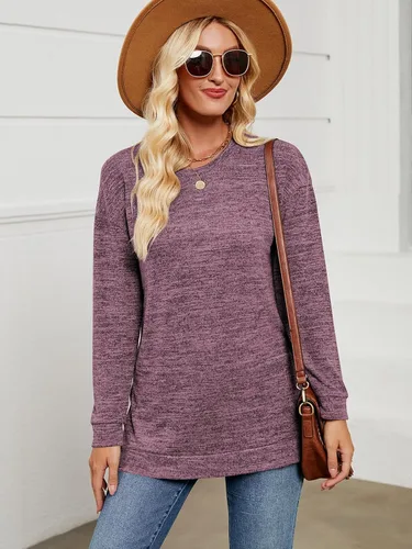 Vista 2 de Qearal Sudadera para mujer, cuello redondo, manga larga, ajuste holgado, casual, con abertura lateral, túnica