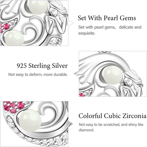 Vista 6 de GNOCE Dije de plata de ley 925 con diseño de sirena y perlas de oro rosa con circonitas cúbicas para pulseracollar, regalo para mujer (2 plata)