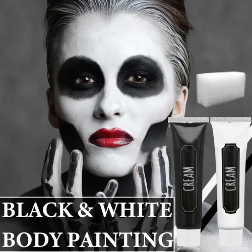 Vista 2 de Kit de maquillaje de pintura facial de Halloween, pintura corporal negra y blanca, efectos especiales, fiestas, bromista blanco, cosplay, disfraz
