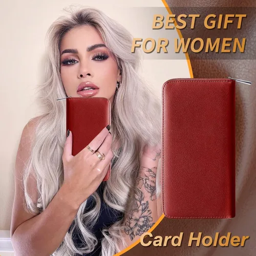 Vista 5 de Bistup Cartera larga para tarjetas de crédito para mujeres y mujeres de cuero genuino Rfid rojo grande con cremallera en efectivo para mujeres