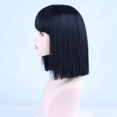 Vista 18 de Pelucas de disfraz de cosplay azul claro de 16 pulgadas para mujer, de 16 pulgadas, con flequillo lateral