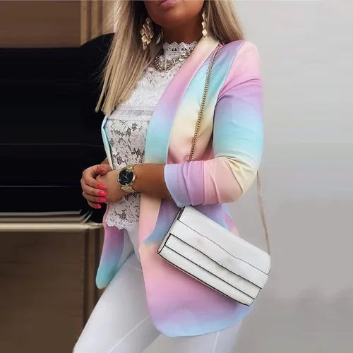 Vista 3 de Blazer 2022 para mujer chaqueta de teñido anudado con frente abierto manga larga con cuello de solapa chaqueta de negocios casual abrigo