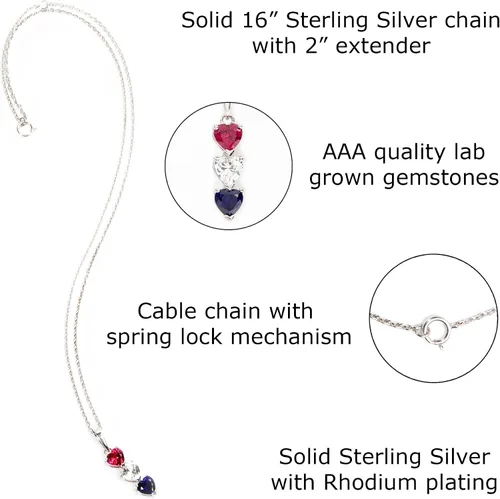 Vista 2 de Silver Smile Collar con colgante de plata de ley maciza de tres piedras 2.25 CTW cultivado en laboratorio, rubí, blanco y azul Colgante patriótico