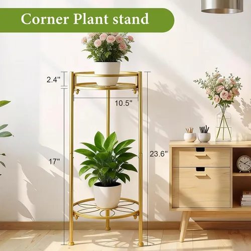 Vista 2 de Soporte de metal de 2 niveles, resistente y ajustable, soporte para macetas de dos niveles para interiores y exteriores, espacios pequeños, balcón
