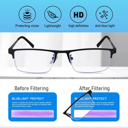 Vista 7 de Paquete de 3 lentes de lectura para hombre, ligeros marcos de metal con bloqueo de luz azul, filtro elegante para rayos UV/deslumbramiento de Negro