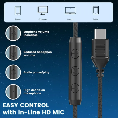 Vista 5 de Cowyawn Auriculares USB C con cable, auriculares USB C con cable con micrófono, control de volumen, sonido estéreo HD, auriculares USB tipo C Negro