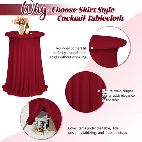 Vista 4 de Paquete de 3 fundas de mesa de cóctel, mantel redondo burdeos, color rojo vino, 32 x 43 pulgadas, elastano elástico con cortinas onduladas, mantel