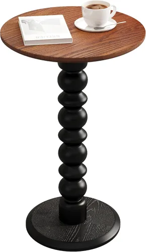 Vista 8 de Mesa auxiliar redonda de madera maciza, mesa pequeña para bebidas para espacios pequeños, mesa auxiliar de pedestal con base de madera, mesa