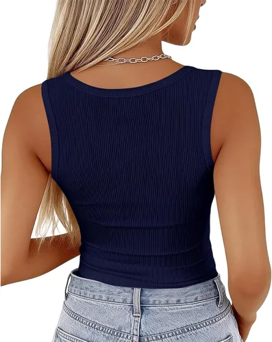 Vista 4 de Camisetas de verano para mujer 2026, básicas, cuello redondo, acanaladas, camisetas sin mangas, blusas casuales, capa base sólida