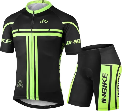 Vista 18 de INBIKE Conjunto de camiseta de ciclismo para hombre, reflectante, transpirable, traje de ciclismo de secado rápido, con pantalones cortos acolchados